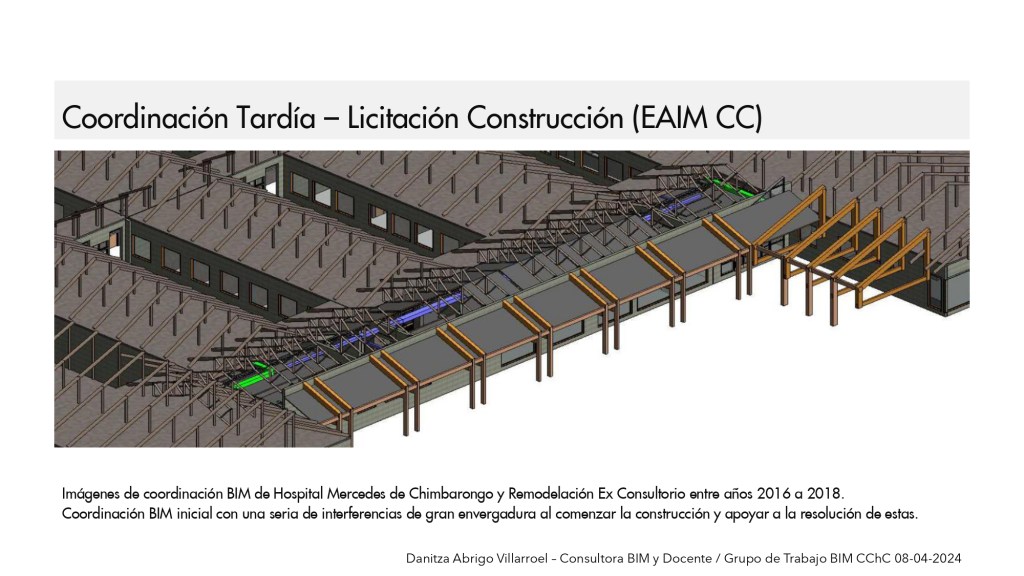 Presentación para CChC / 8 de abril de 2024 por Danitza Abrigo – Consultora BIM y Docente / 22 Coordinación tardía – Licitación Construcción (EAIM CC)
DaniBIM