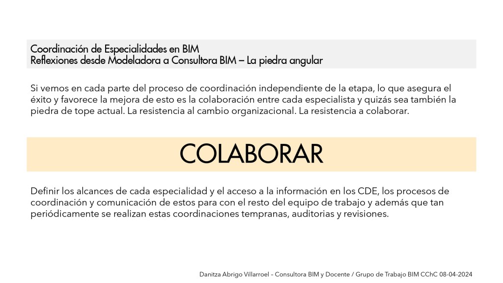Presentación para CChC / 8 de abril de 2024 por Danitza Abrigo – Consultora BIM y Docente / 31 Coordinación incluyendo el comportamiento futuro (EAIM DC)
DaniBIM