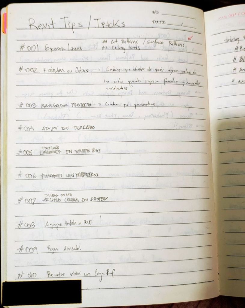 Dani BIM - Revit Tips & Tricks Origen
Acá tengo la libreta donde planifique la serie de trucos de Revit que comencé en enero 2020 y que llegue solo hasta la publicación 5 ya que luego tuve que centrarme en mi proyecto de título que defendí en agosto 2020, no recuerdo el día exacto, pero fue cuando en Chile se celebra el día de la Arquitecta/o, no me saluden, pésimo día, aunque me saque un 7, máxima nota acá,